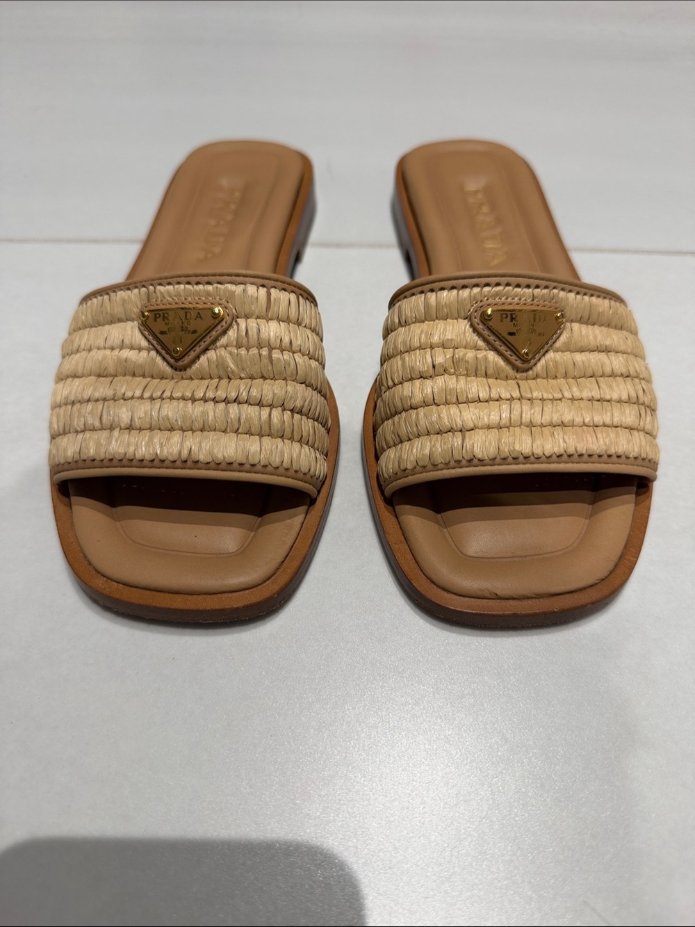 Prada Raffia Slide Sandals in Beige and Tan with Gold Triangle Logo